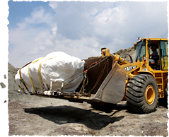 Image: Block of rock containing a dino mummy fossil is carried by a front-loader.